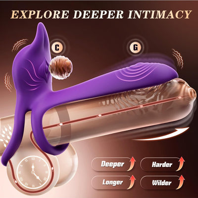 Vibrating Cock Ring Couples Sex Toys - MOOLIGIRL Dual Penis Ring Vibrator with Fox-Shaped Clitoral Stimulator & 4.6in G Spot Vibrator, 10 Vibration Adult Toys for Men Women, Female Sex Toy