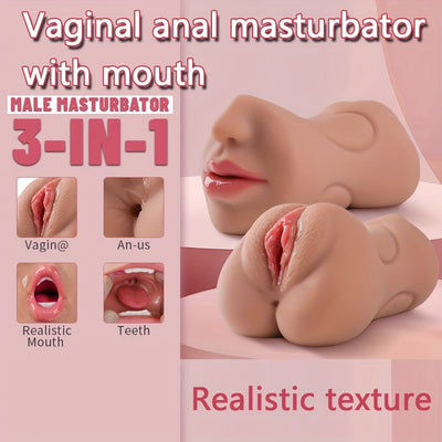 3-in-1 Realistic Male Masturbator - Oral, Vaginal & Anal Pocket Pussy Sex Toy for Men with 3D Textured Channels, Ultra-Soft TPE Material, Waterproof Adult Pleasure Accessory