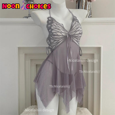 ชุดนอนไม่ได้นอน ชุดนอนเดรสสายคล้องคอ เกรดแท้พรีเมี่ยม ตัวเดรสอกแต่งผีเสื้อ พร้อมจีสตริงเข้าชุด NC-556 SL01