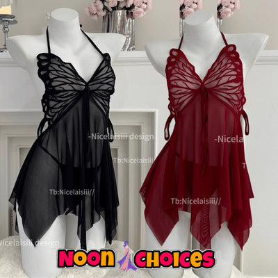 ชุดนอนไม่ได้นอน ชุดนอนเดรสสายคล้องคอ เกรดแท้พรีเมี่ยม ตัวเดรสอกแต่งผีเสื้อ พร้อมจีสตริงเข้าชุด NC-556 SL01